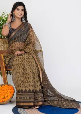 women's ikkat print kota doria saree -beige 4