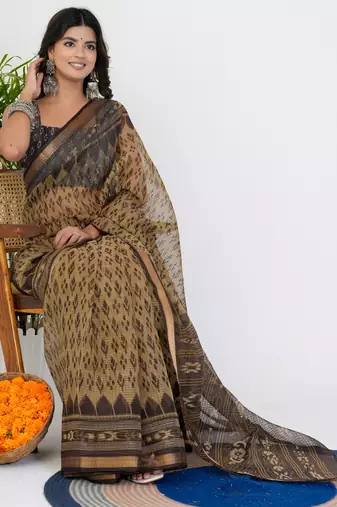 women's ikkat print kota doria saree -beige