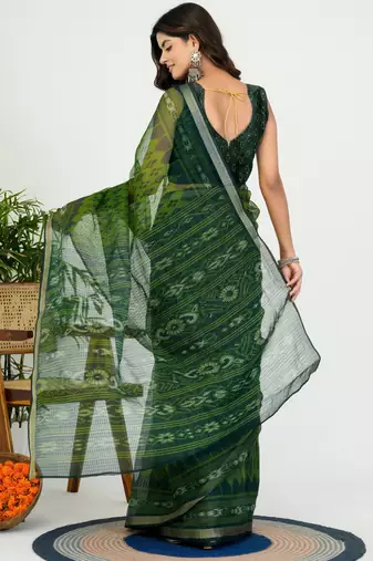 women's ikkat print kota doria saree -green
