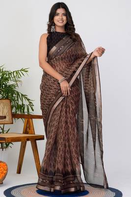women's ikkat print kota doria saree -brown 1