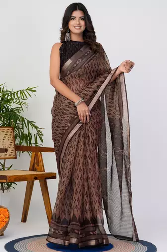 women's ikkat print kota doria saree -brown