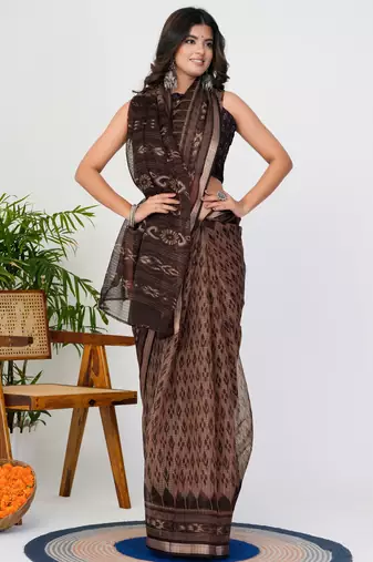 women's ikkat print kota doria saree -brown