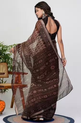 women's ikkat print kota doria saree -brown