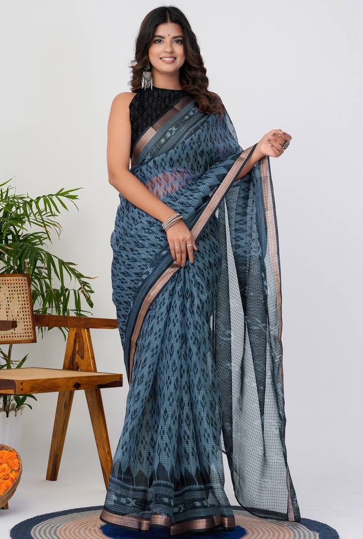 women's ikkat print kota doria saree -blue