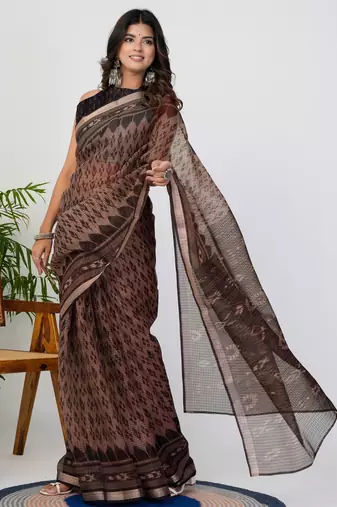 women's ikkat print kota doria saree -brown