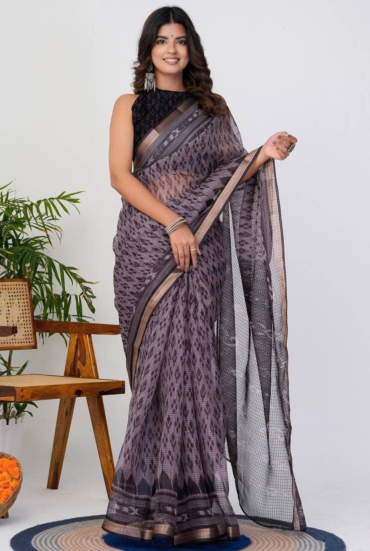women's ikkat print kota doria saree -purple