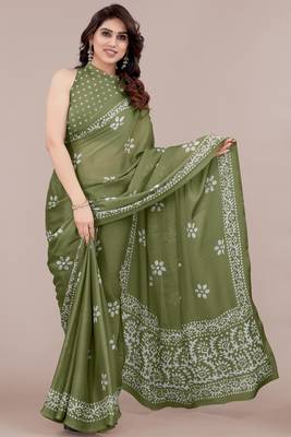 women's batik print chiffon saree -green 1