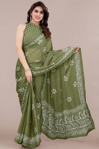 women's batik print chiffon saree -green