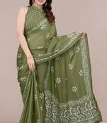 women's batik print chiffon saree -green