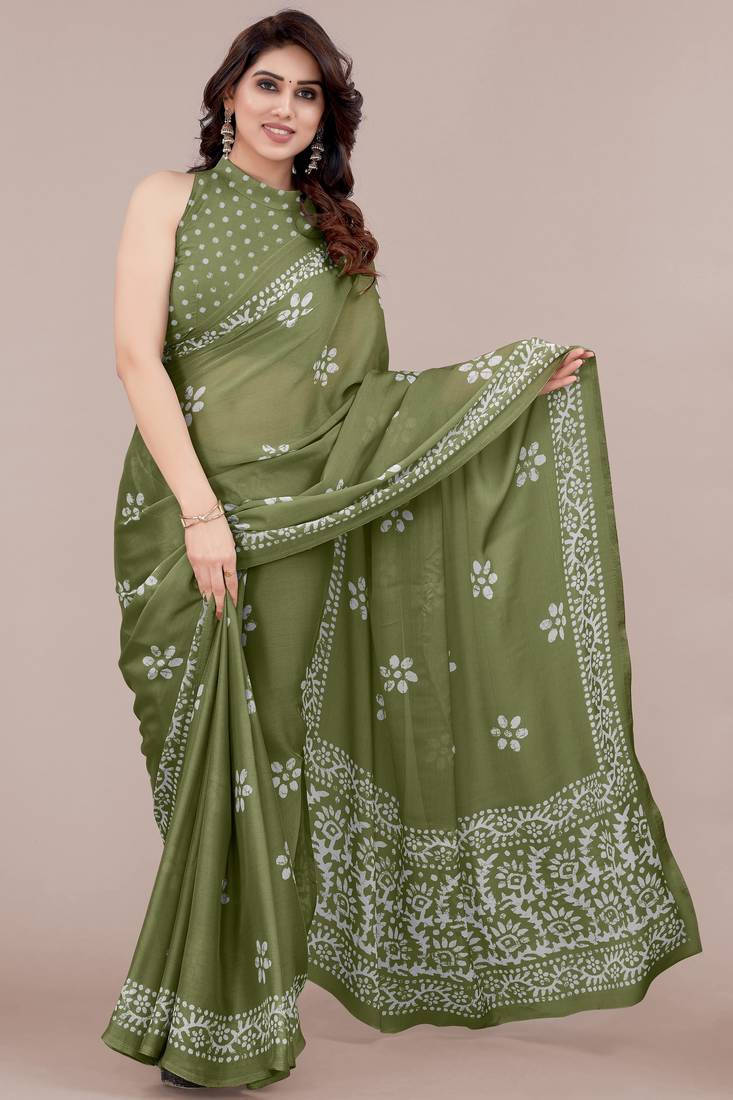 women's batik print chiffon saree -green
