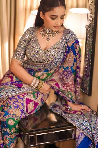 Multicolor chinon silk blendsaree with mirror work
