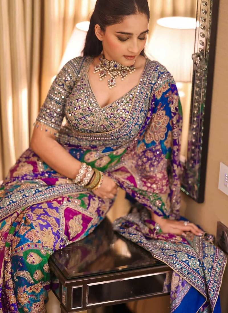 Multicolor chinon silk blendsaree with mirror work