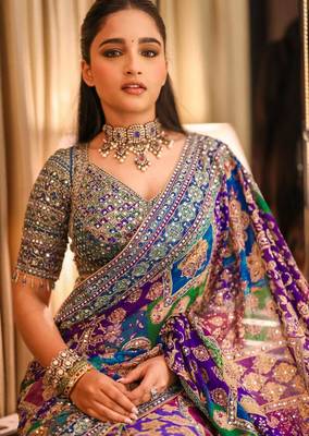 Multicolor chinon silk blendsaree with mirror work 2