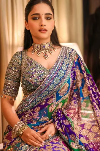 Multicolor chinon silk blendsaree with mirror work