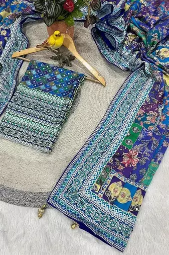 Multicolor chinon silk blendsaree with mirror work