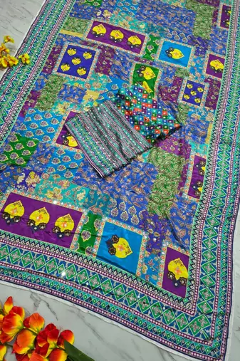 Multicolor chinon silk blendsaree with mirror work