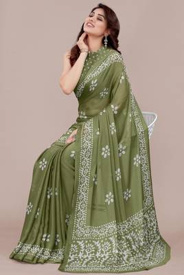 women's batik print chiffon saree -green 2