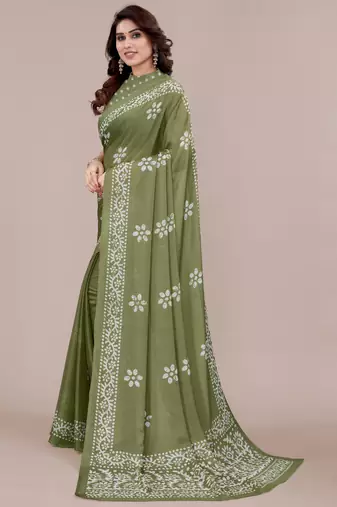 women's batik print chiffon saree -green