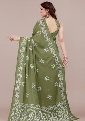women's batik print chiffon saree -green 4