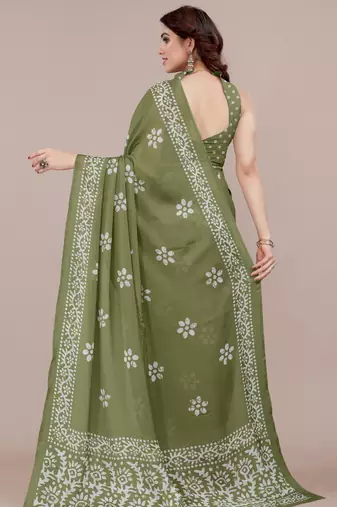 women's batik print chiffon saree -green