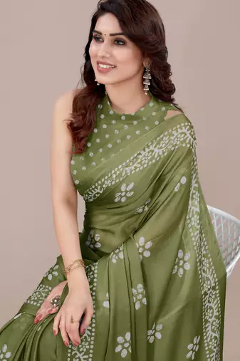 women's batik print chiffon saree -green
