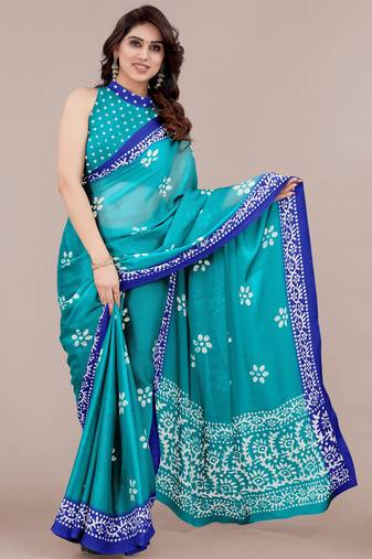 women's batik print chiffon saree -blue