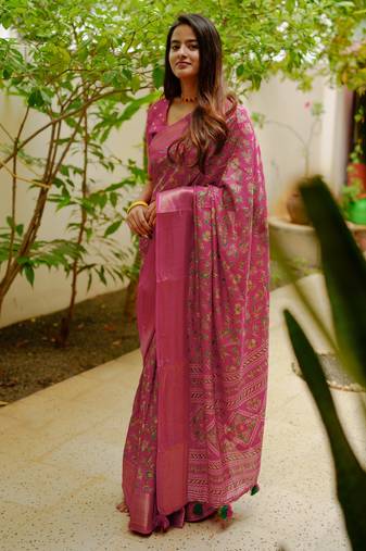 women's floral print cotton silk saree -pink