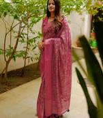 women's floral print cotton silk saree -pink