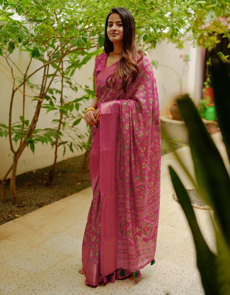 women's floral print cotton silk saree -pink
