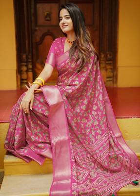 women's floral print cotton silk saree -pink 2