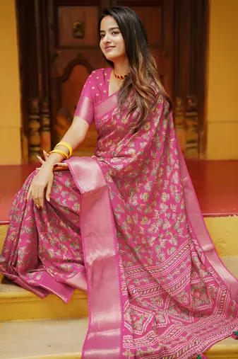 women's floral print cotton silk saree -pink