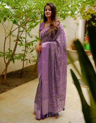 women's floral print cotton silk saree -lavender 1