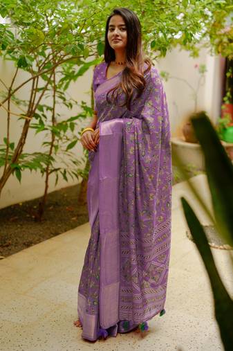 women's floral print cotton silk saree -lavender