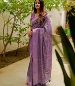 women's floral print cotton silk saree -lavender