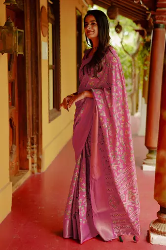 women's floral print cotton silk saree -pink