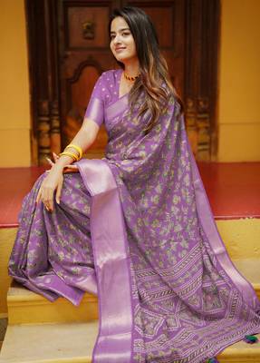 women's floral print cotton silk saree -lavender 2