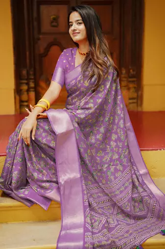 women's floral print cotton silk saree -lavender