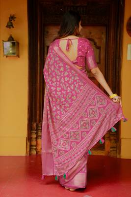 women's floral print cotton silk saree -pink 4