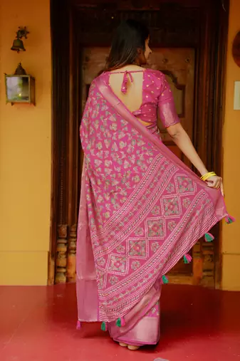 women's floral print cotton silk saree -pink