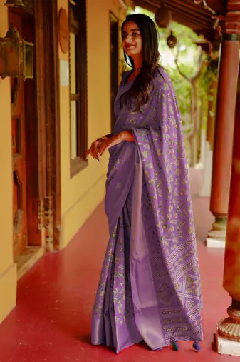 women's floral print cotton silk saree -lavender