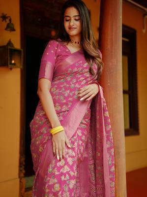 women's floral print cotton silk saree -pink 5