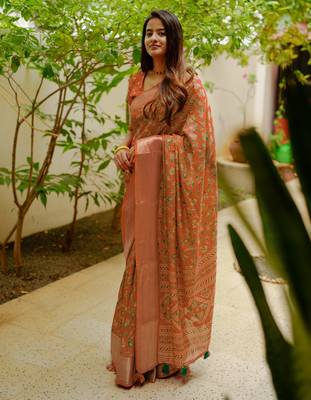 women's floral print cotton silk saree -orange 1
