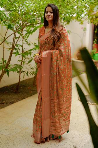 women's floral print cotton silk saree -orange