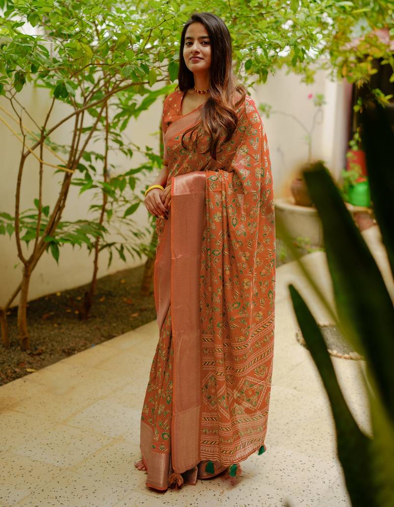 women's floral print cotton silk saree -orange