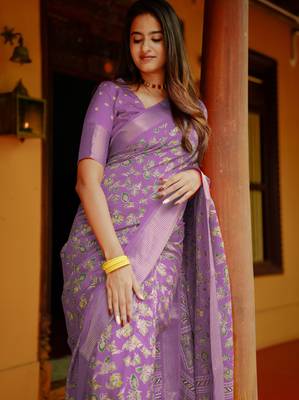 women's floral print cotton silk saree -lavender 5