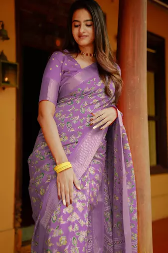 women's floral print cotton silk saree -lavender