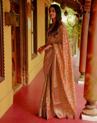 women's floral print cotton silk saree -orange 2