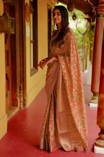 women's floral print cotton silk saree -orange