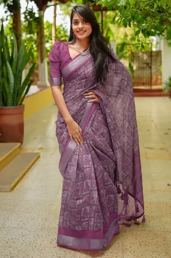 women's madhubani print cotton blend saree -magenta