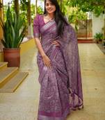 women's madhubani print cotton blend saree -magenta